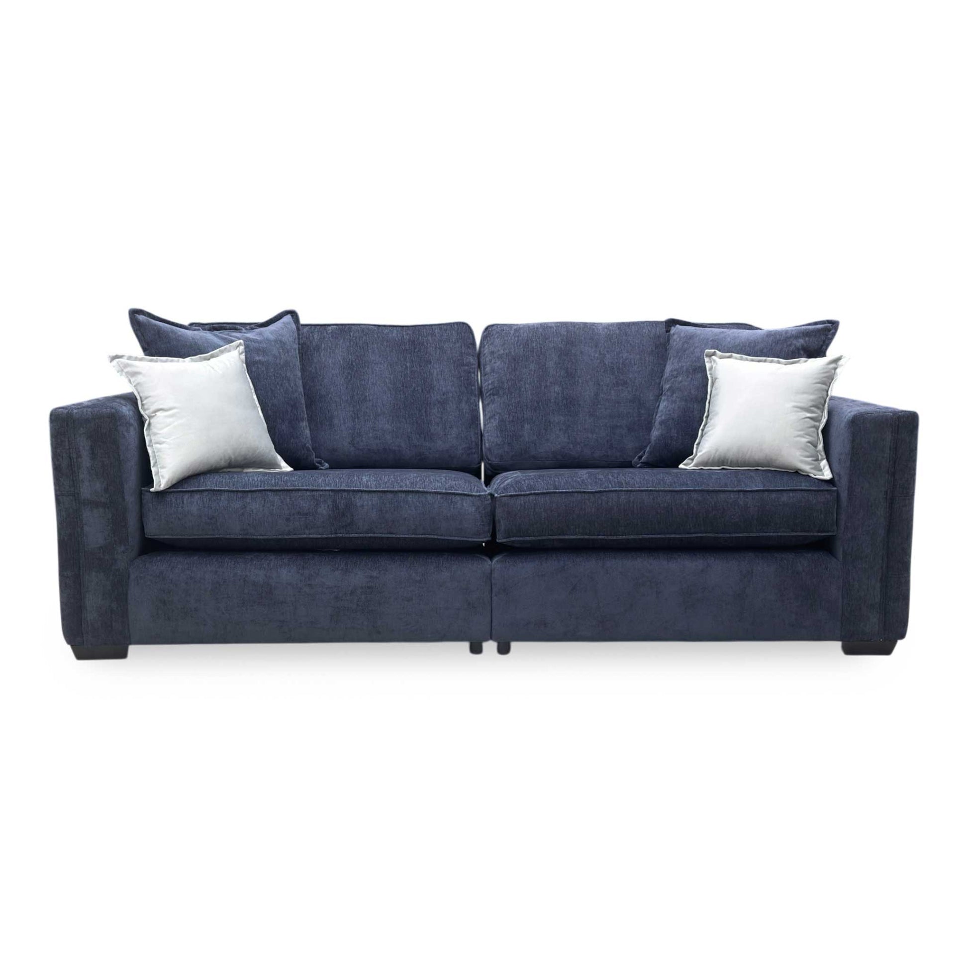 Front view of the Chelsea 4-seater sofa, featuring soft-touch denim blue chenille and a sturdy split frame design.