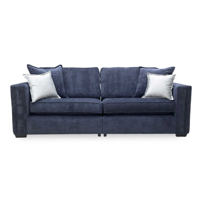 Front view of the Chelsea 4-seater sofa, featuring soft-touch denim blue chenille and a sturdy split frame design.