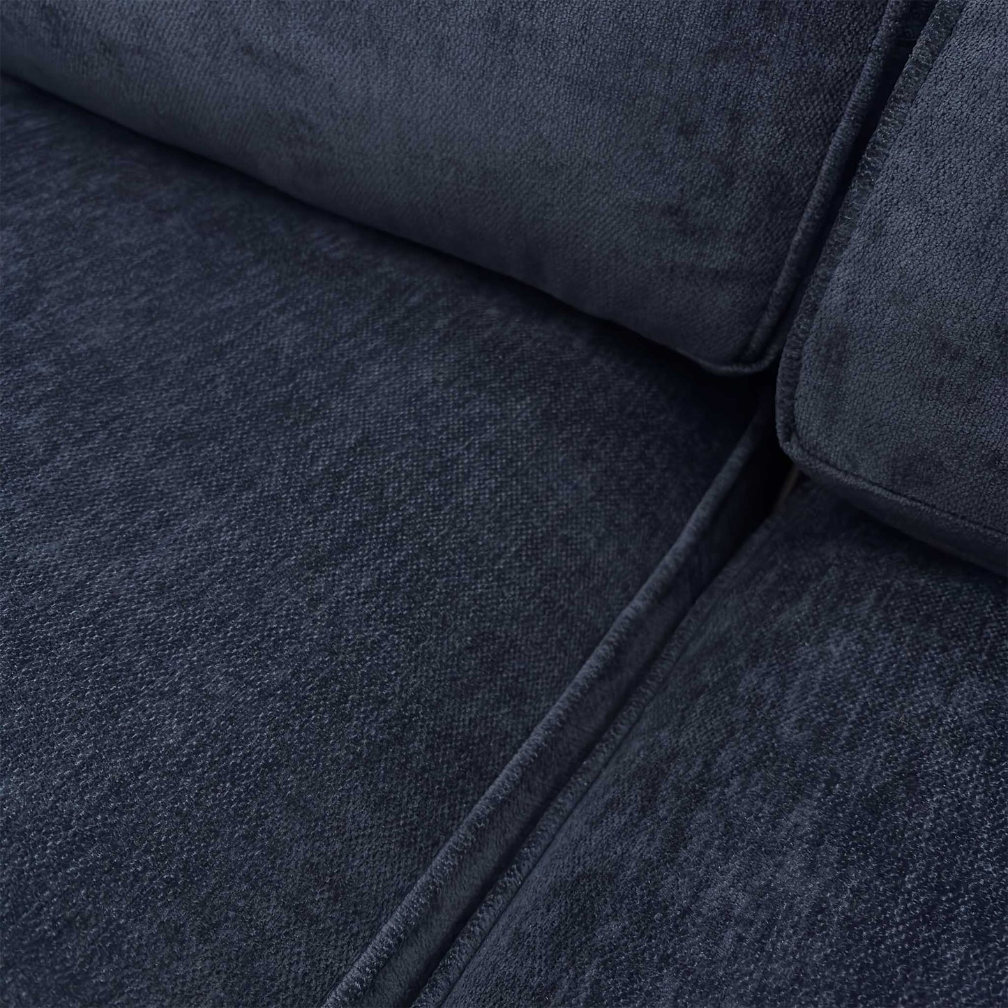 Close-up of the denim blue chenille fabric, showing the detailed weave and durable quality of the material.