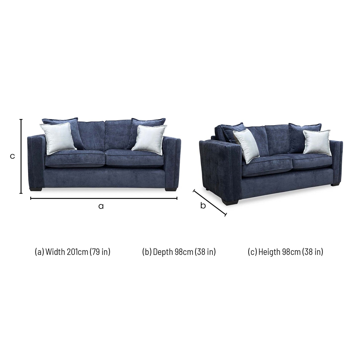Technical dimension drawing for the Chelsea 3-seater sofa.