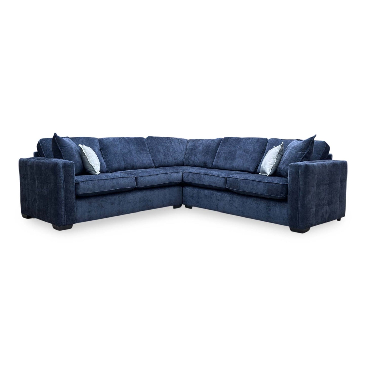 Full view of Thornbrook ‘Chelsea’ 2-corner-2 symmetrical corner sofa in Derwent denim blue chenille fabric with a classic back.