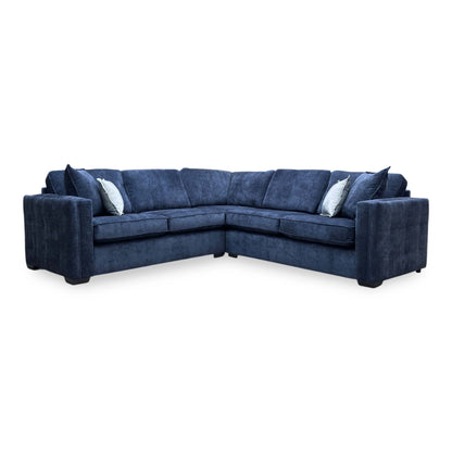 Full view of Thornbrook ‘Chelsea’ 2-corner-2 symmetrical corner sofa in Derwent denim blue chenille fabric with a classic back.
