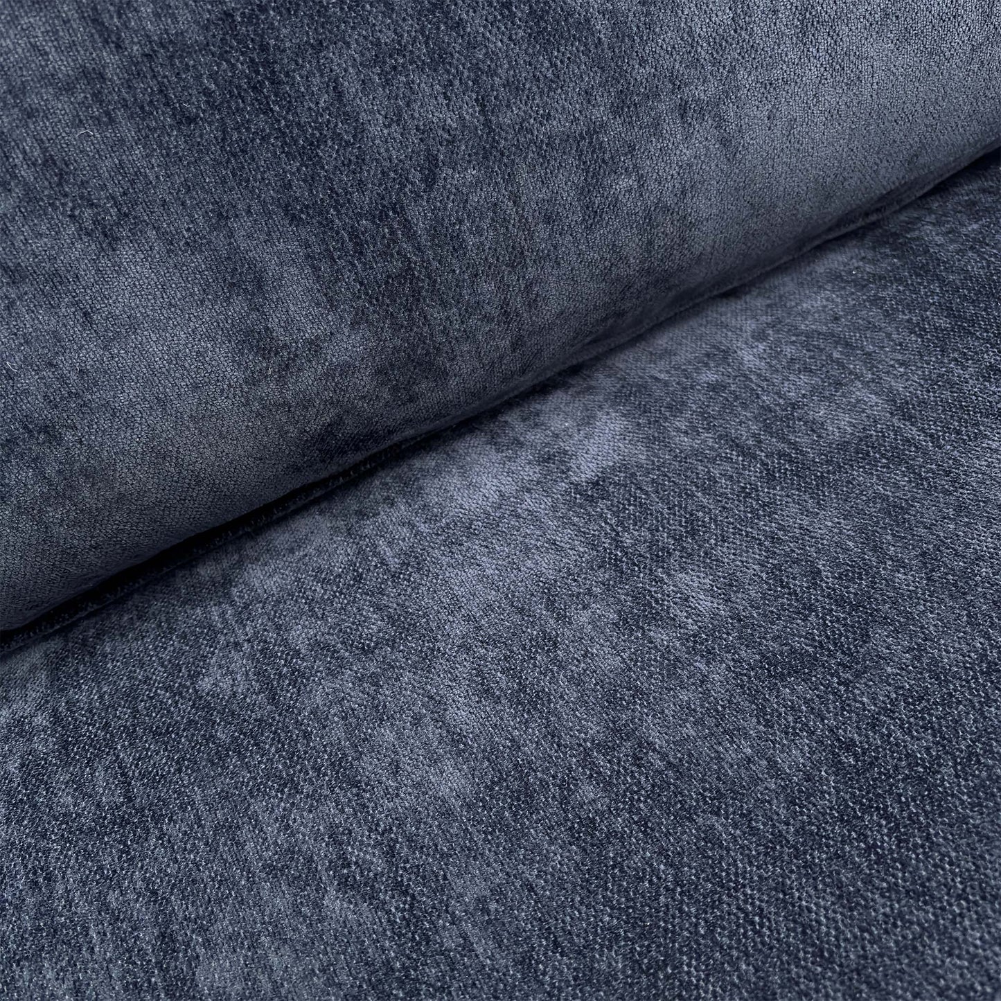 Close-up of the tactile Derwent denim blue chenille fabric, showing the intricate weave and rich color.
