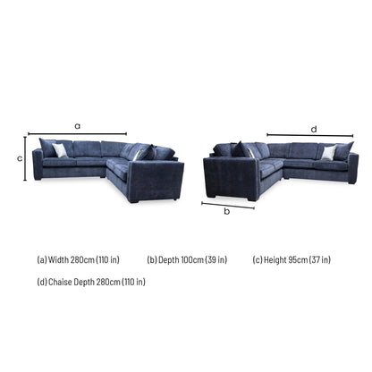 Technical dimension drawing for the Chelsea symmetrical corner sofa.