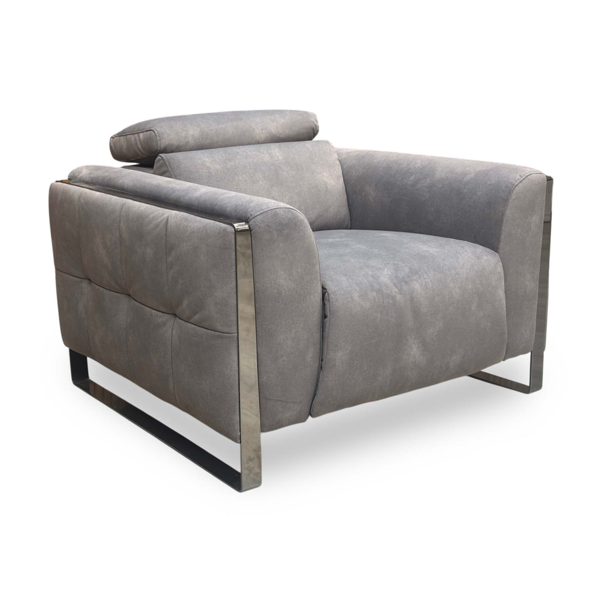 Side profile of the Gisella chair, showing the unique wrap-over leg design and the depth of the back suspension.