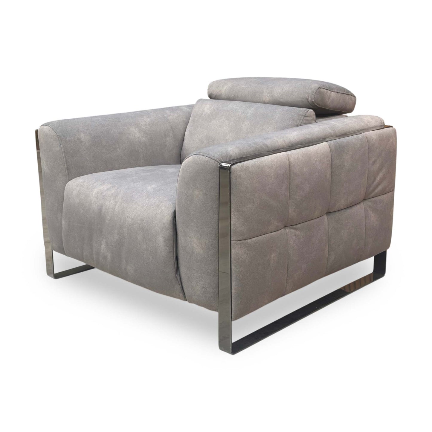 Side profile of the Gisella chair, showing the unique wrap-over leg design and the depth of the back suspension.