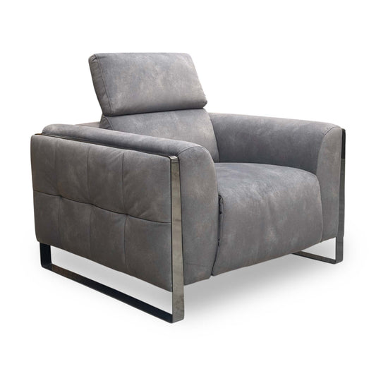 Full view of furniture Village ‘Gisella’ fabric chair in Dexter mocha grey, featuring modern geometric stitching and wrap-over metal legs.