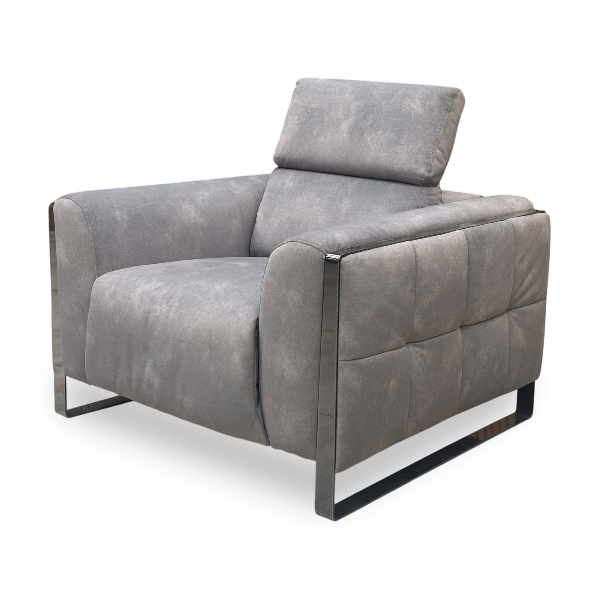 Side profile of the Gisella chair, showing the unique wrap-over leg design and the depth of the back suspension.