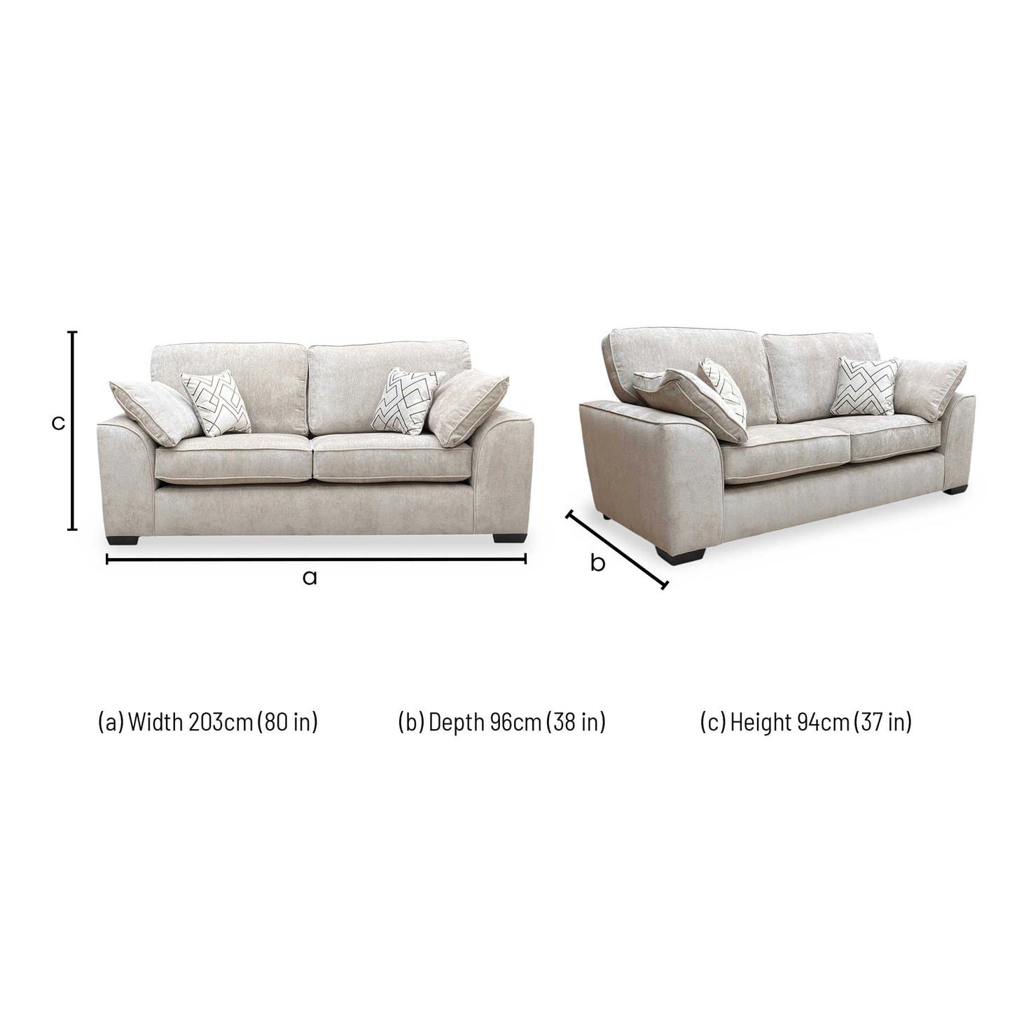 Technical dimension diagram for the Harvey 3 seater sofa.
