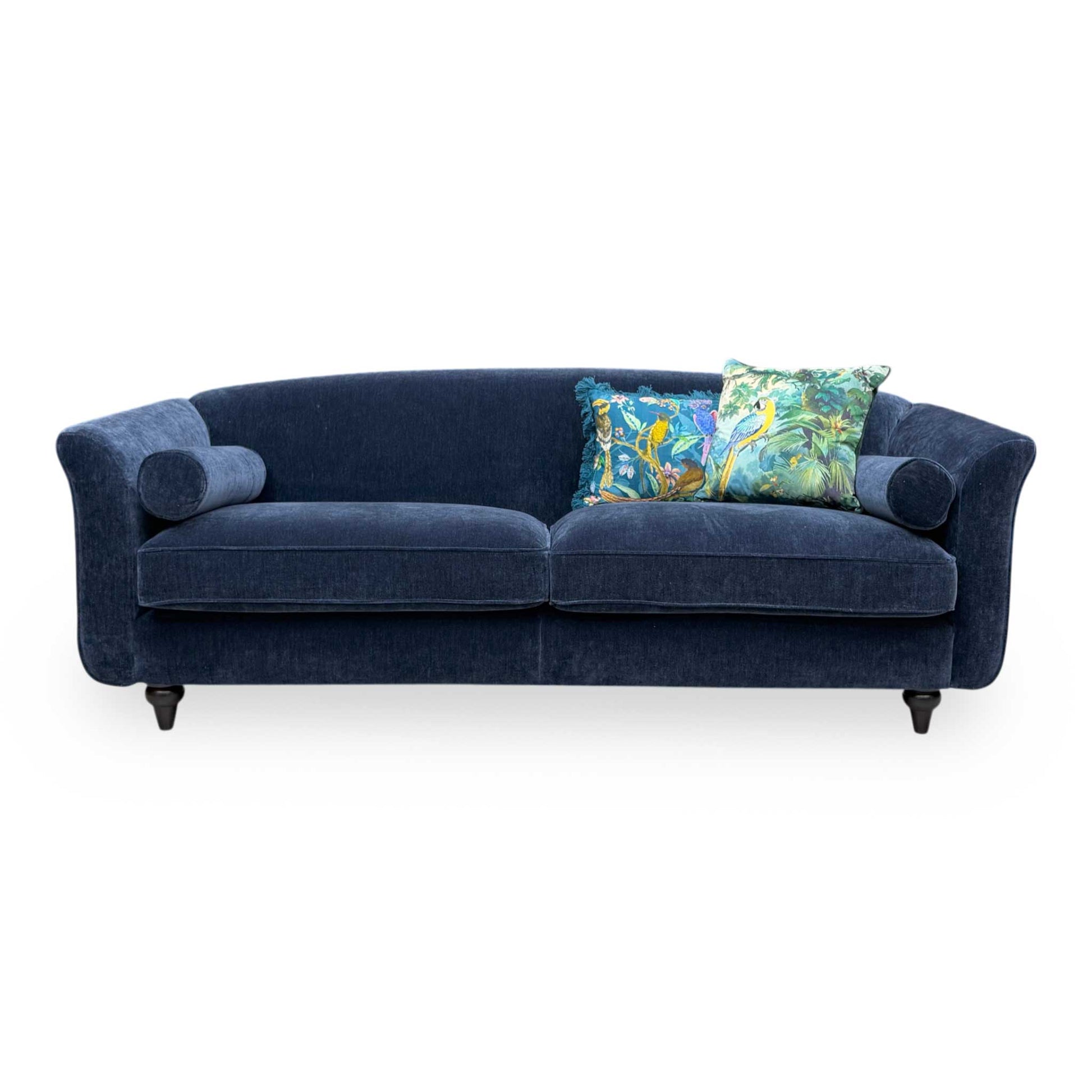 Front view of the Dame navy blue sofa, showing the wide seating area and sleek, modern fabric finish.