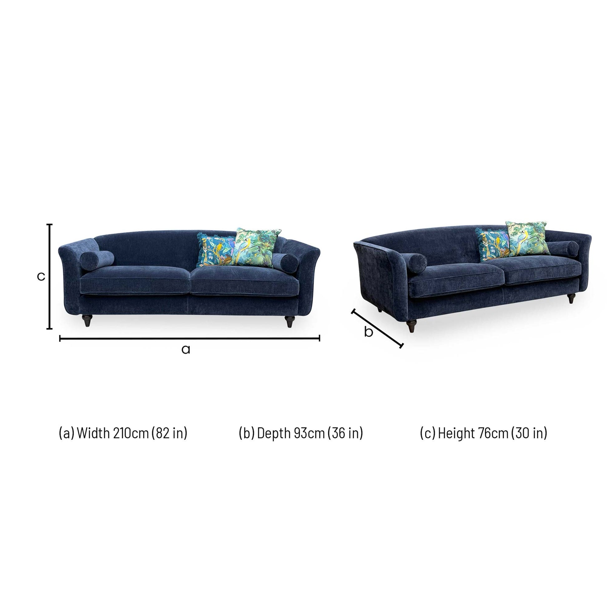 Technical dimension drawing for the Dame 4-seater sofa.