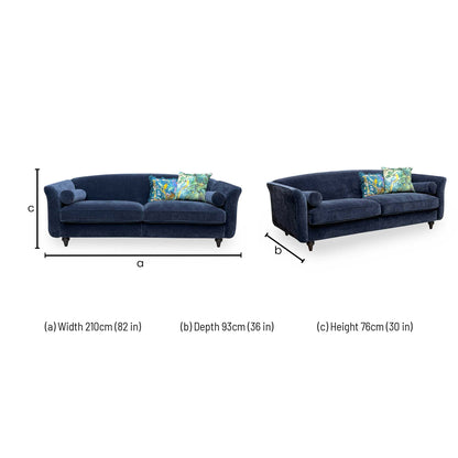 Technical dimension drawing for the Dame 4-seater sofa.