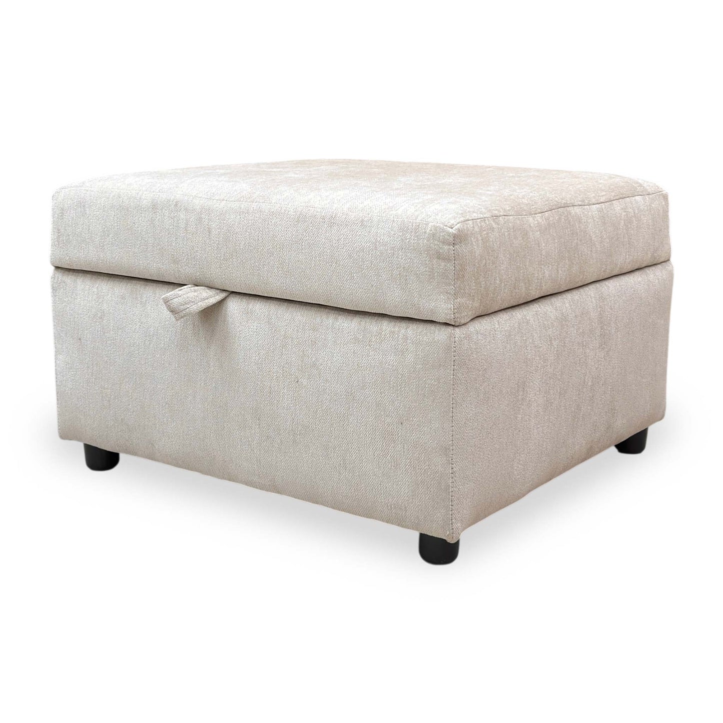 Side view of the truffle fabric footstool, demonstrating its compact and functional design.
