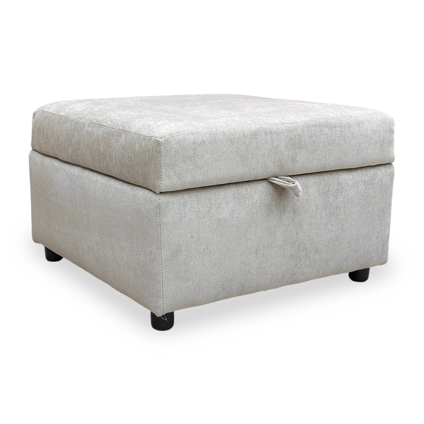 Full view of The ‘Harvey’ Truffle Derwent Soft Weave Fabric Storage Footstool in a contemporary truffle tone.