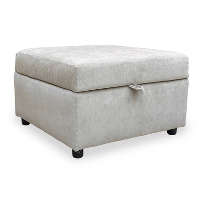 Full view of The ‘Harvey’ Truffle Derwent Soft Weave Fabric Storage Footstool in a contemporary truffle tone.