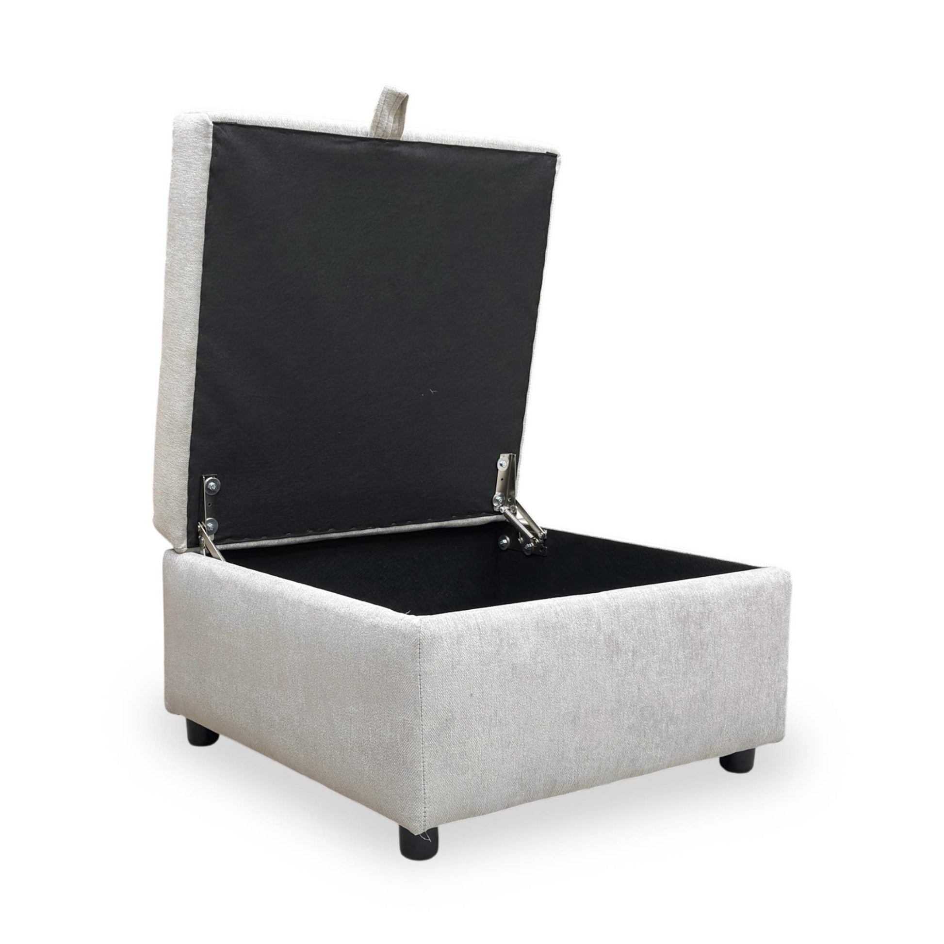 Side view of the truffle fabric footstool, demonstrating its compact and functional design.