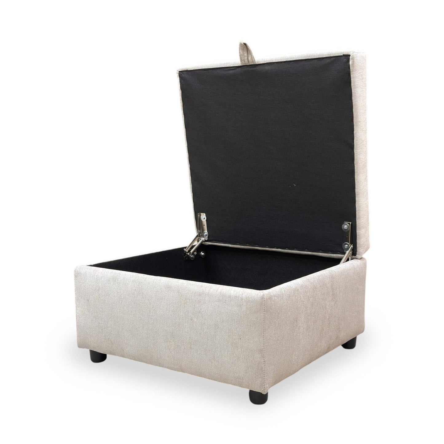 Angled view of the storage footstool, highlighting its versatile and practical features.