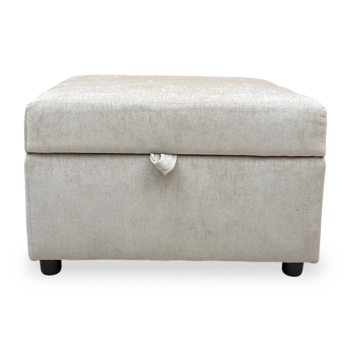 Front view of the Harvey storage footstool, highlighting the soft weave fabric texture.