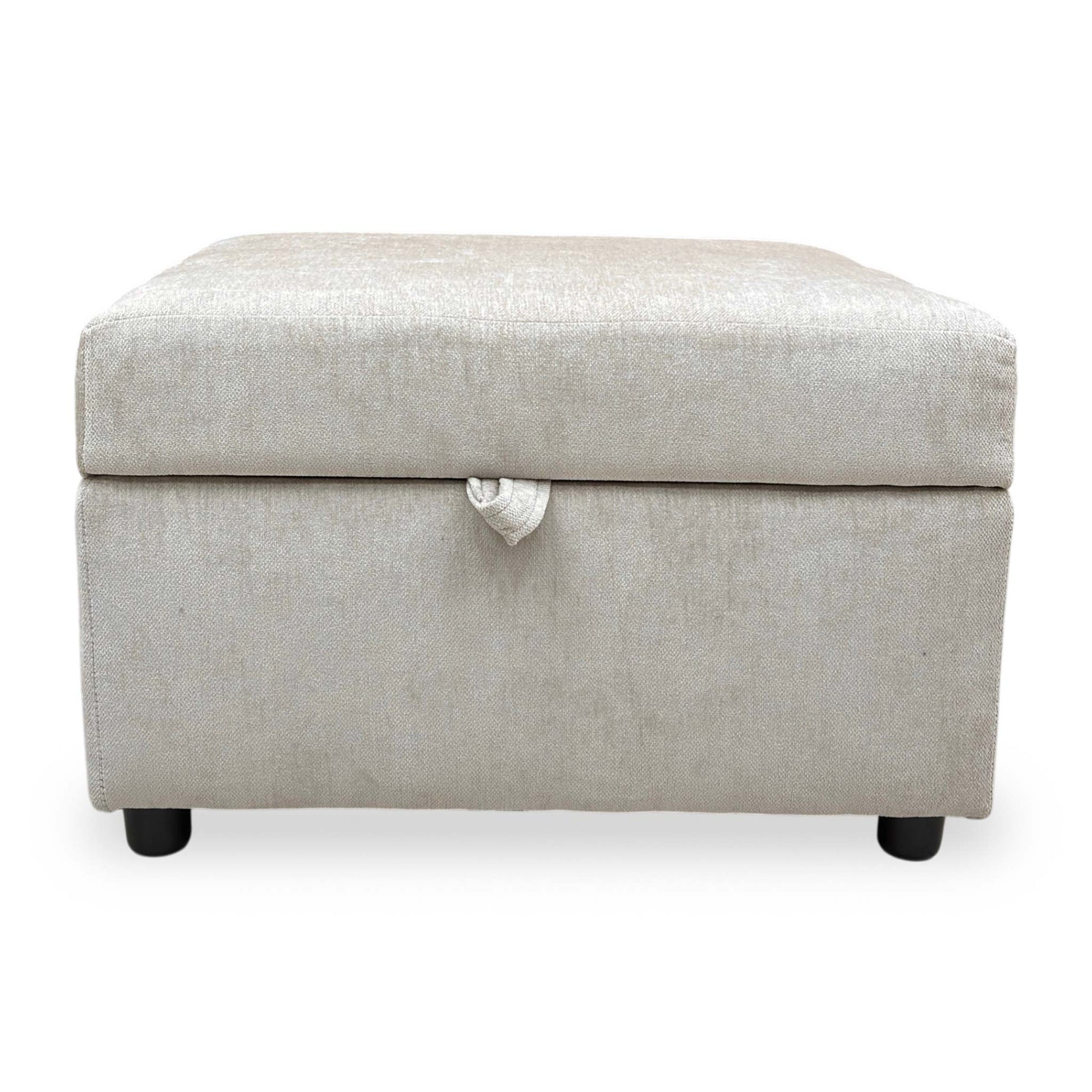Front view of the Harvey storage footstool, highlighting the soft weave fabric texture.