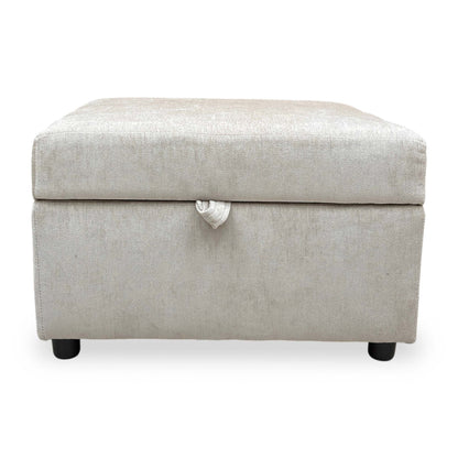 Front view of the Harvey storage footstool, highlighting the soft weave fabric texture.
