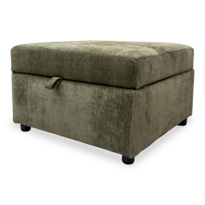 Side view of the internal storage space of the Harvey olive green footstool.
