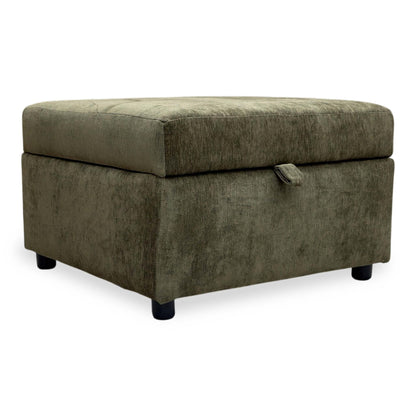 Full view of The ‘Harvey’ Olive Green Derwent Soft Weave Fabric Storage Footstool, combining a stylish footrest with a practical storage solution.