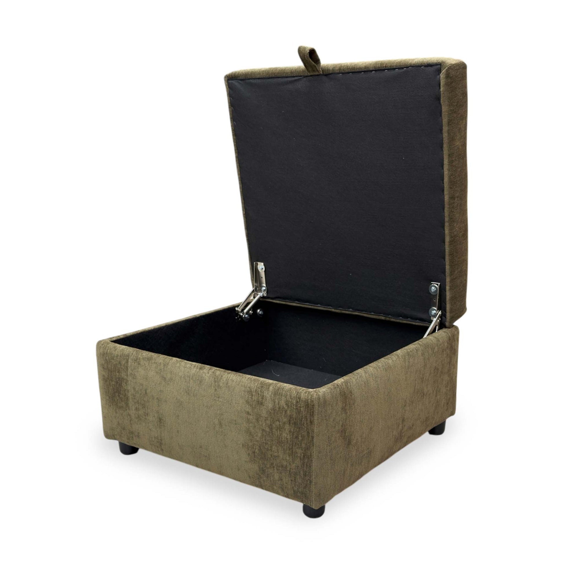 Side view of the Harvey storage footstool with the lid open, revealing a spacious internal compartment for blankets and essentials.