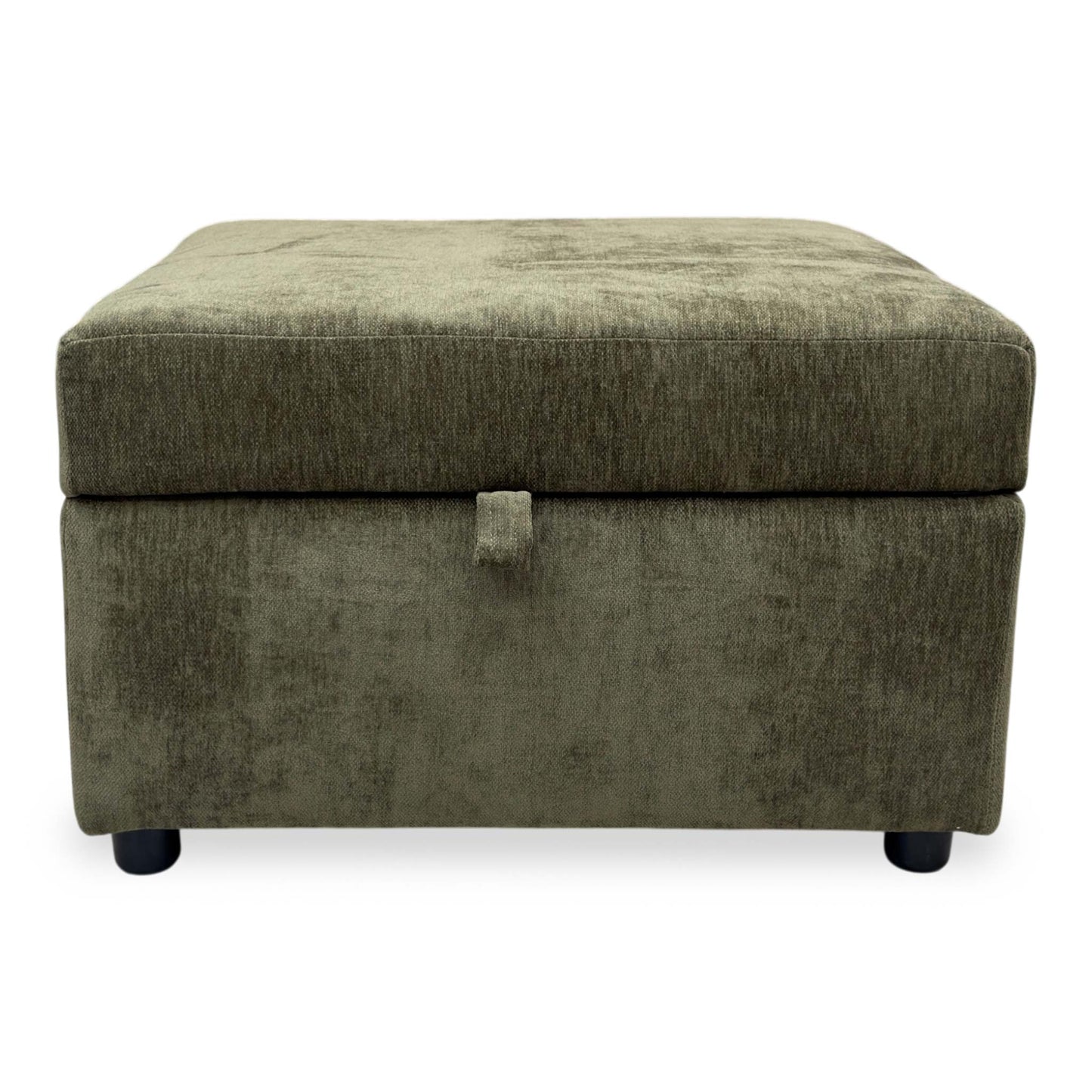 Front view of the olive green footstool, showcasing the depth of the Derwent soft weave fabric.