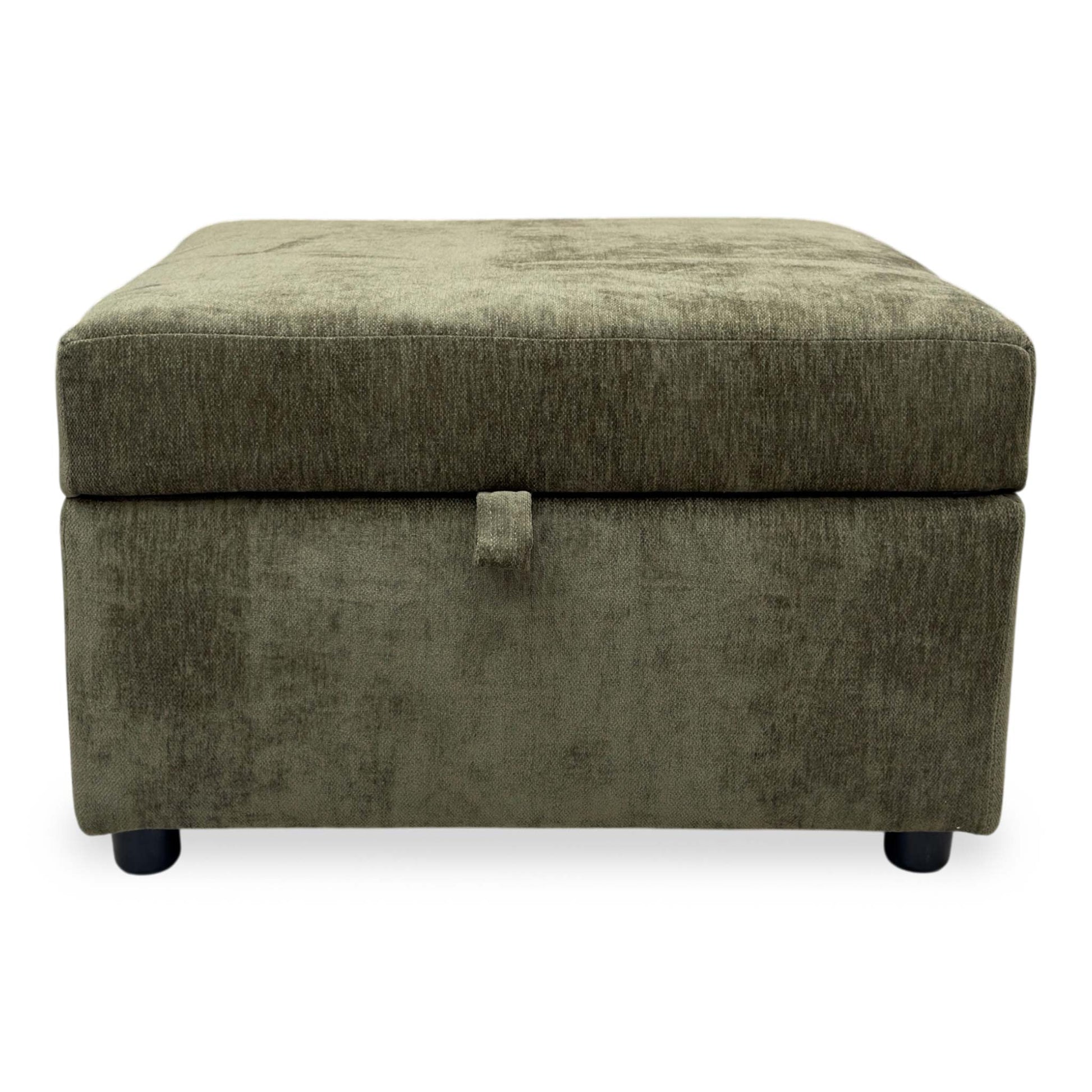 Front view of the olive green footstool, showcasing the depth of the Derwent soft weave fabric.