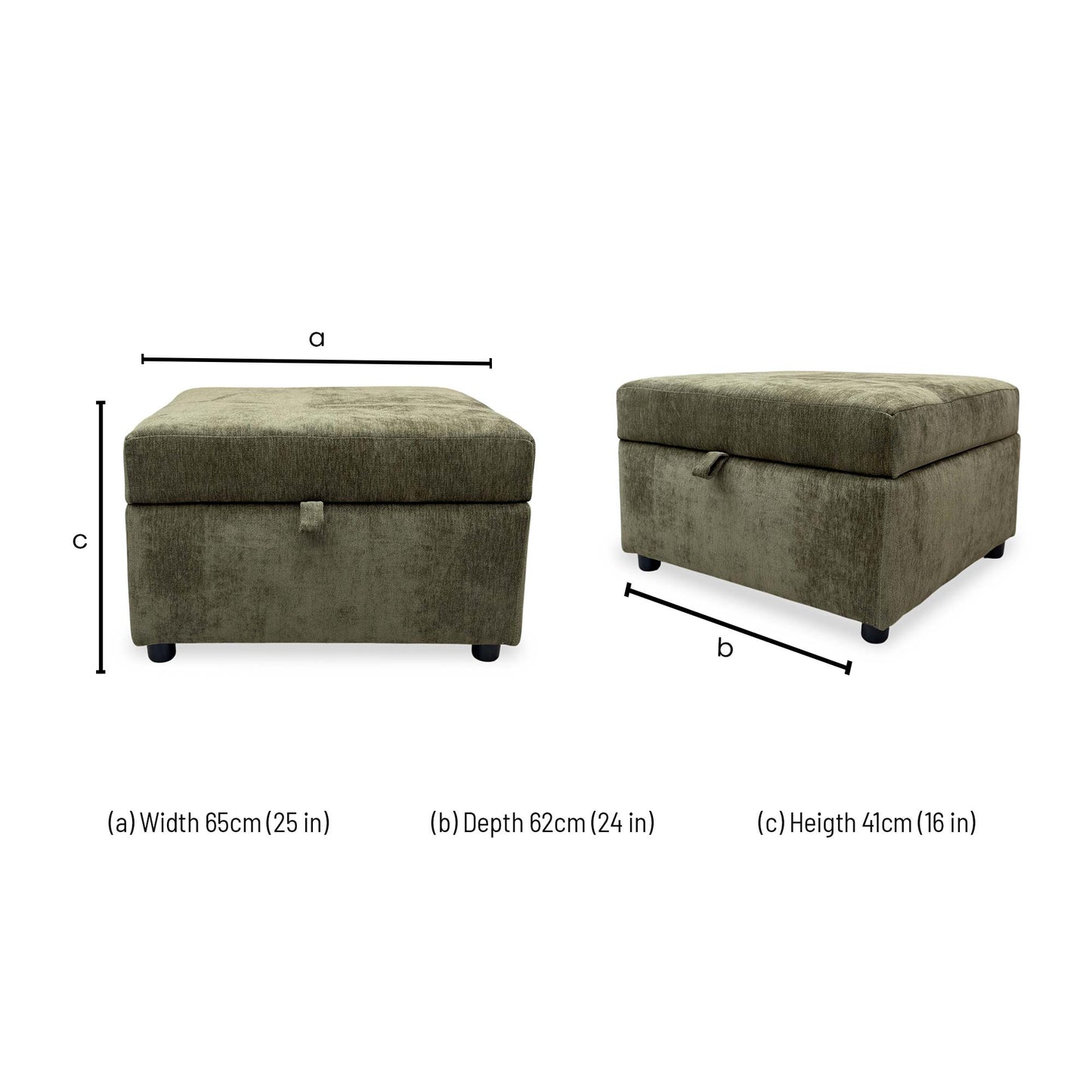Technical dimension diagram for the Harvey storage footstool.