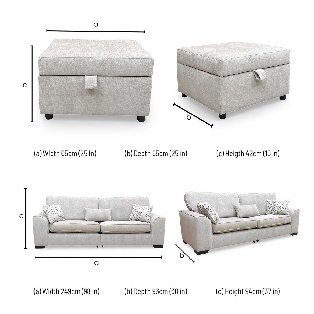 Harvey sofa dimensions: width 249cm, depth 96cm, height 94cm; footstool width 65cm, depth 65cm, height 42cm