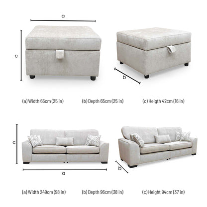 Harvey sofa dimensions: width 249cm, depth 96cm, height 94cm; footstool width 65cm, depth 65cm, height 42cm