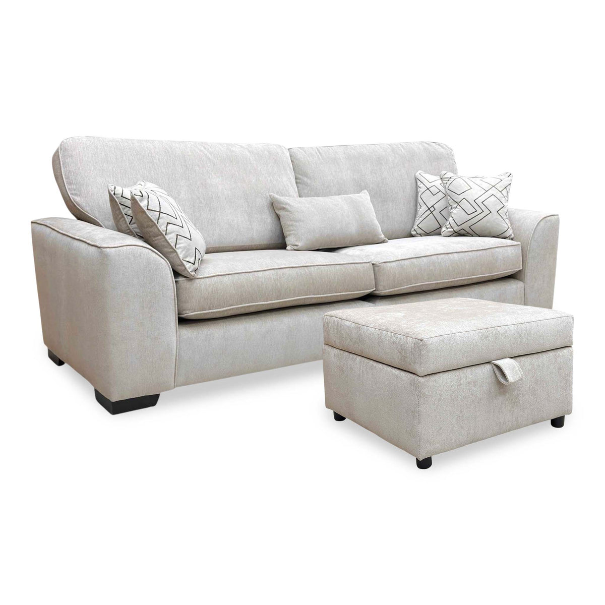 Harvey truffle soft weave 4 seater split frame sofa with storage footstool in front, angled from the left