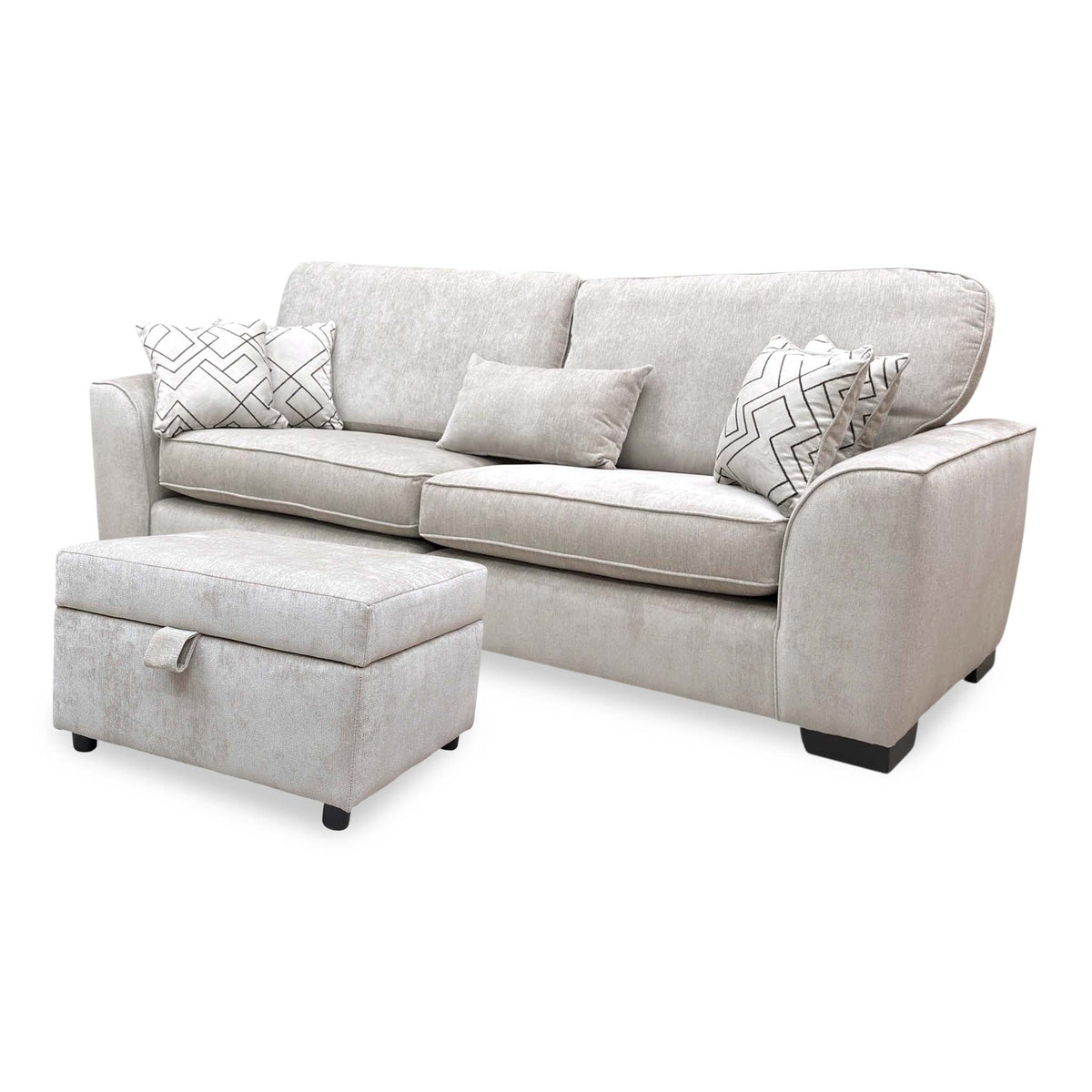 Harvey truffle soft weave 4 seater sofa angled from the right with the storage footstool to the left