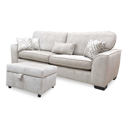 Harvey truffle soft weave 4 seater sofa angled from the right with the storage footstool to the left