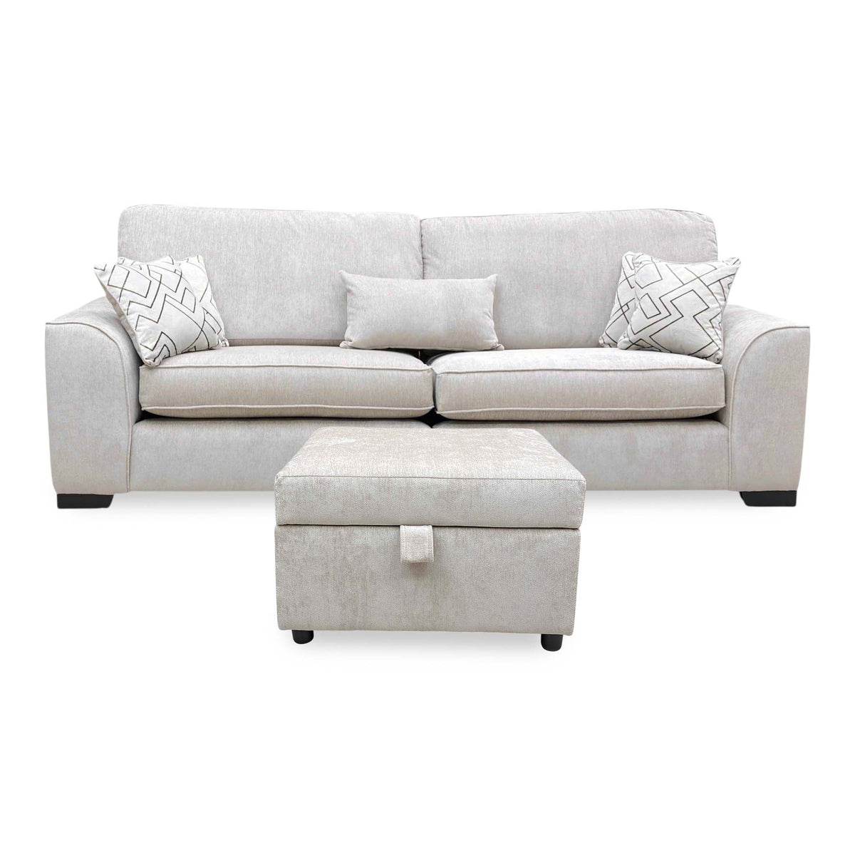 Front view of the Harvey truffle fabric 4 seater split frame sofa with the storage footstool in front