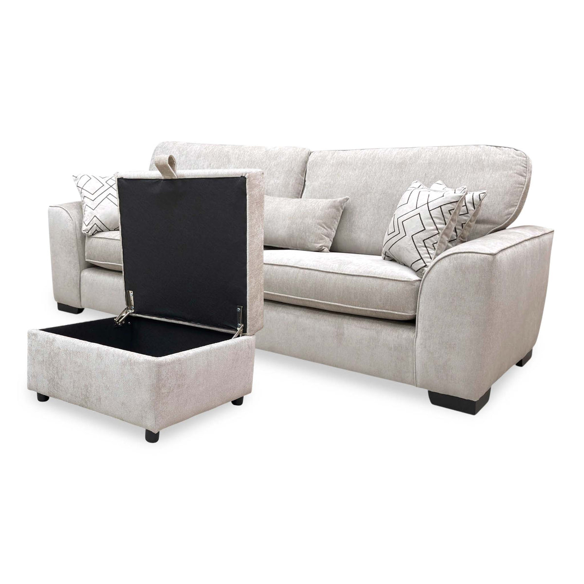 Harvey truffle 4 seater sofa angled from the right with the storage footstool open to show the lined interior