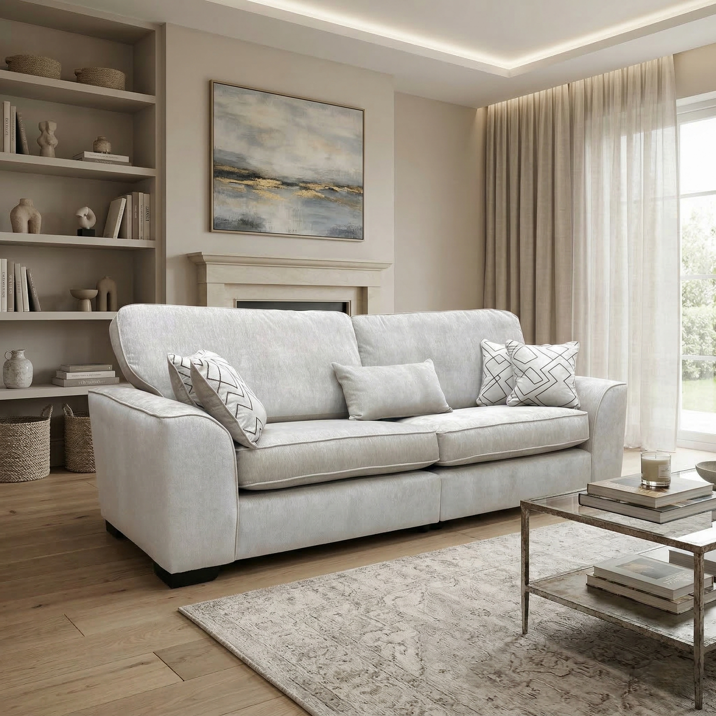 Living room view of the Harvey 4-seater sofa, showcasing the neutral truffle fabric and generous seating area.