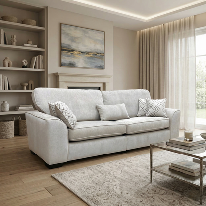 Living room view of the Harvey 4-seater sofa, showcasing the neutral truffle fabric and generous seating area.
