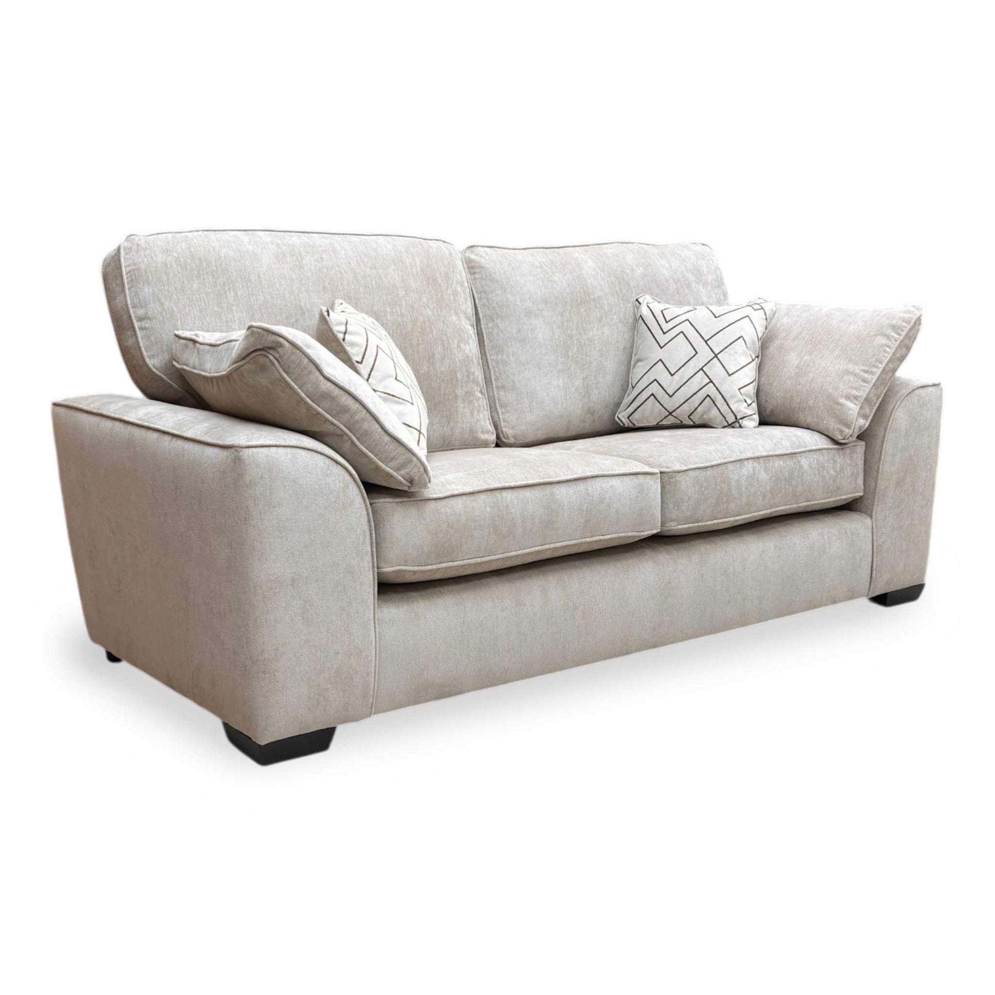 Full view of the ‘Harvey’ Truffle Derwent Soft Weave Fabric 3 Seater Sofa, featuring a modern design and generous seating space.