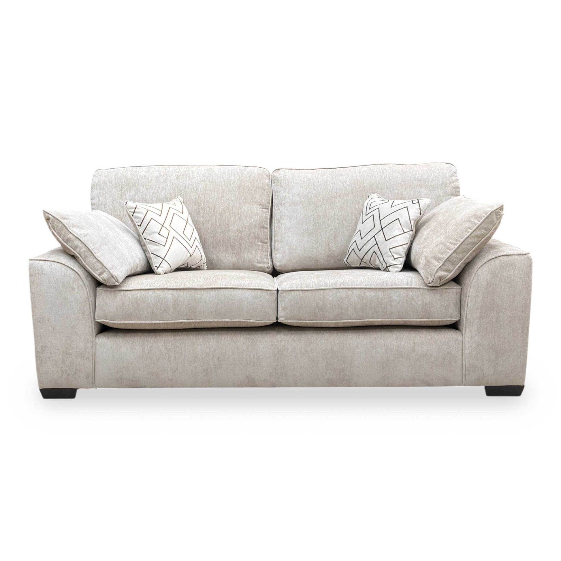 Front view of the truffle Harvey 3 seater sofa, emphasizing its clean lines and supportive cushions.