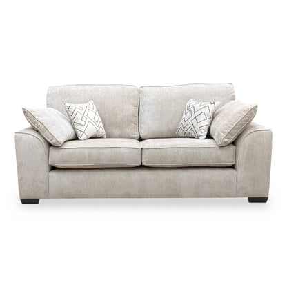Front view of the truffle Harvey 3 seater sofa, emphasizing its clean lines and supportive cushions.