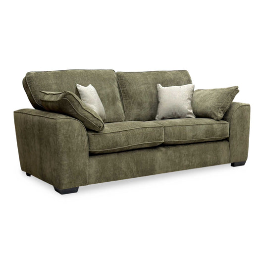 Full view of the ‘Harvey’ Olive Green Derwent Soft Weave Fabric 3 Seater Sofa, featuring a spacious contemporary design and supportive cushioning.