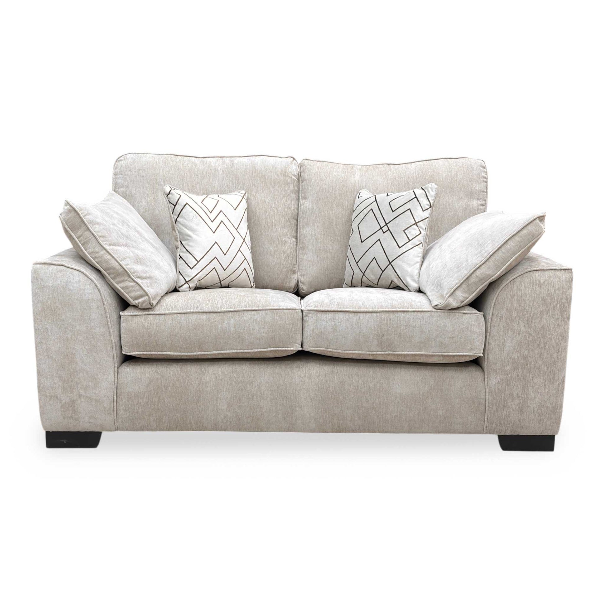 Front view of the truffle Harvey 2 seater sofa, emphasizing its clean lines and comfortable seating area.