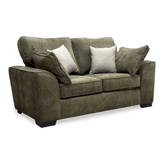 Full view of The ‘Harvey’ Olive Green Derwent Soft Weave Fabric 2 Seater Sofa, featuring a contemporary design and supportive cushioning.