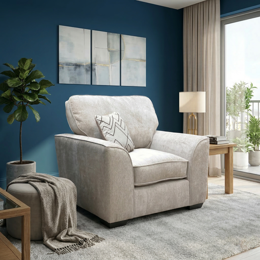 Living room view image showcasing the truffle Harvey chair in a minimalist living room setting.