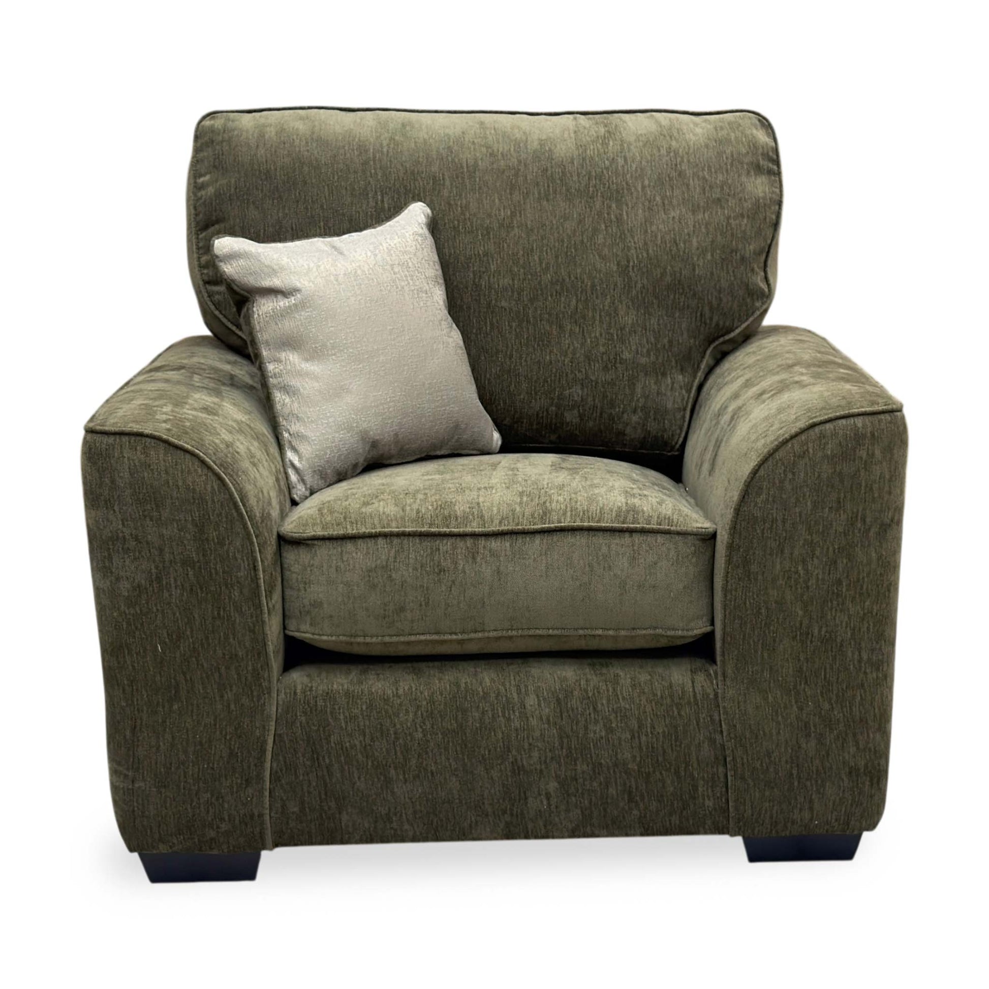 Front view of the Harvey Olive Green armchair, showing its contemporary design and plush soft weave fabric texture.