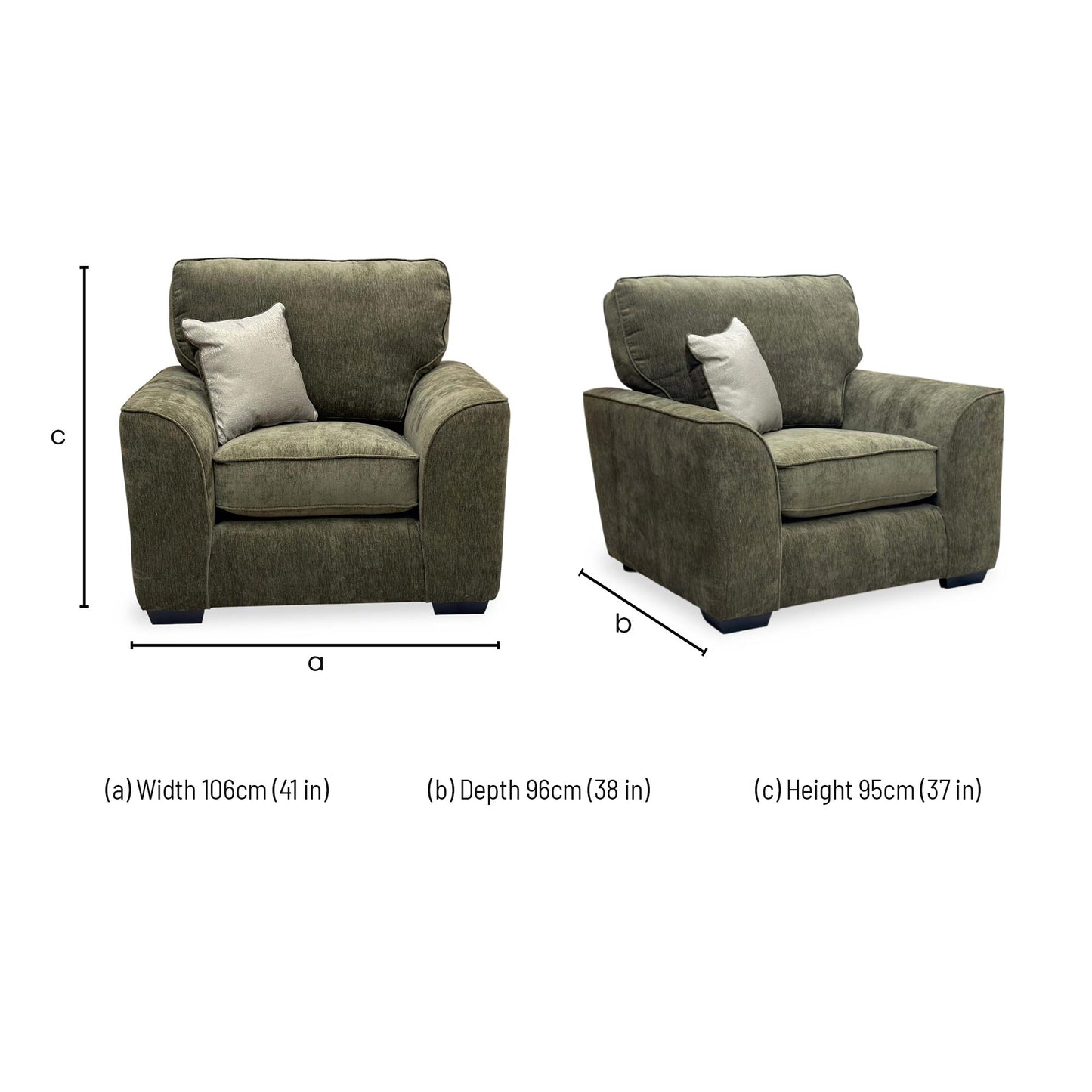 Dimensions for the ‘Harvey’ Olive Green Derwent Soft Weave Fabric Armchair.