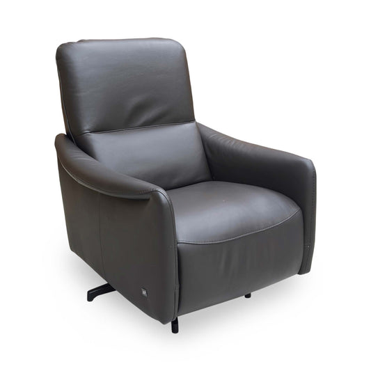 Full view of Viali Tatto power recliner swivel chair in rich Chocolate Brown 4380 leather.
