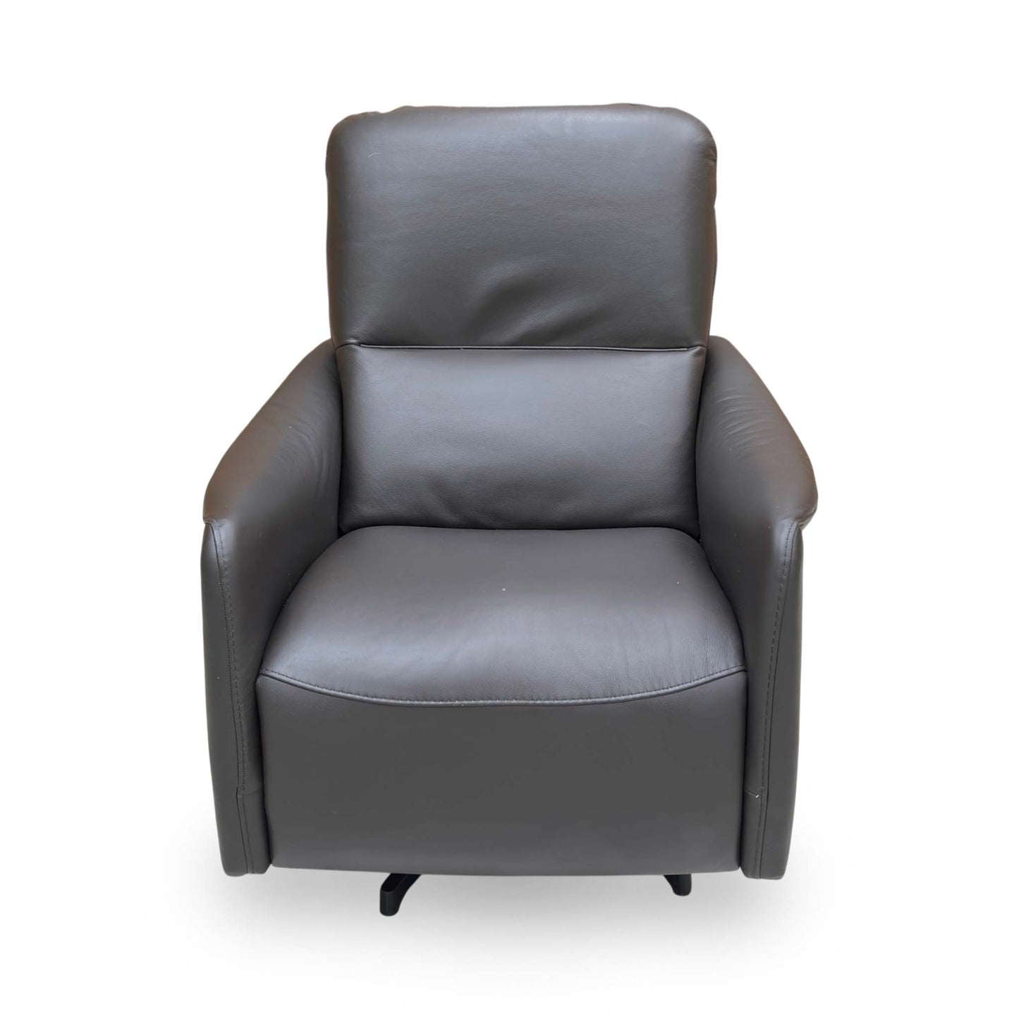 Fronal view of the chair focusing on the padded armrests and sleek swivel base.